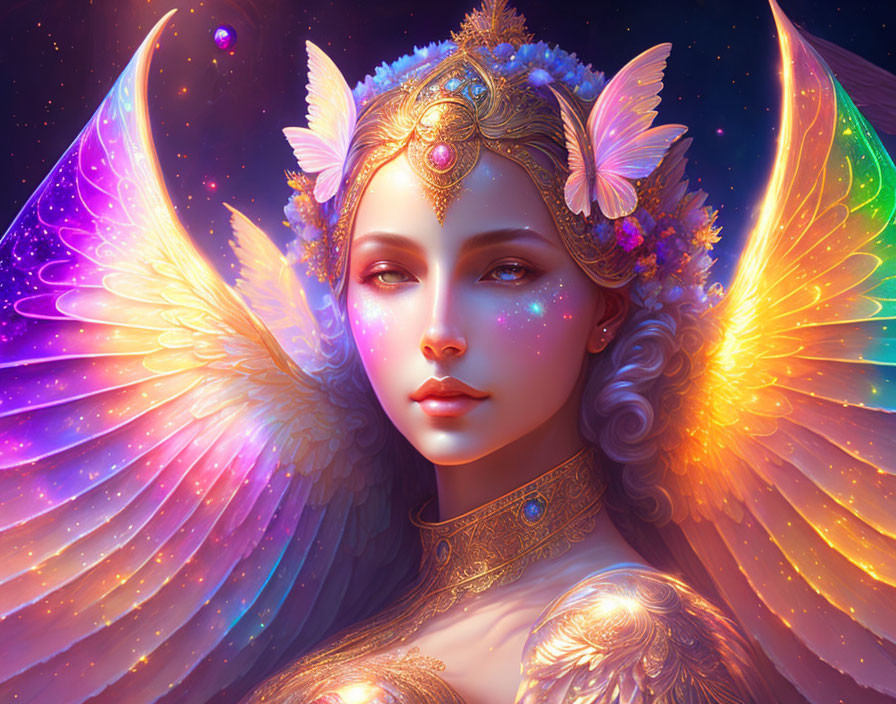 Fantasy digital artwork: Female character with butterfly wings, golden headpiece, ethereal makeup, star