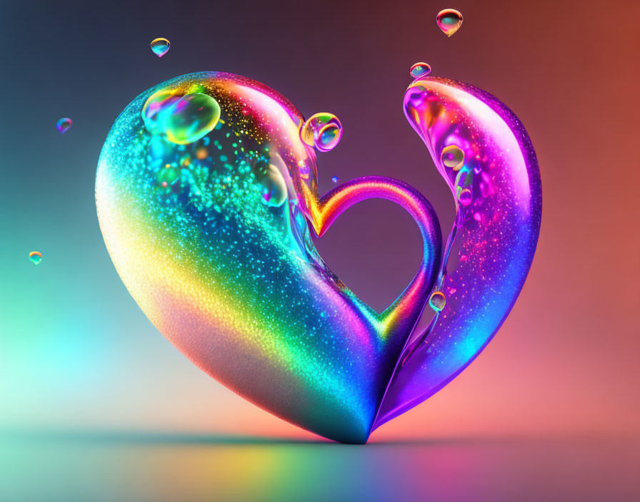 Colorful 3D heart with glossy iridescent surface and bubbles on gradient backdrop
