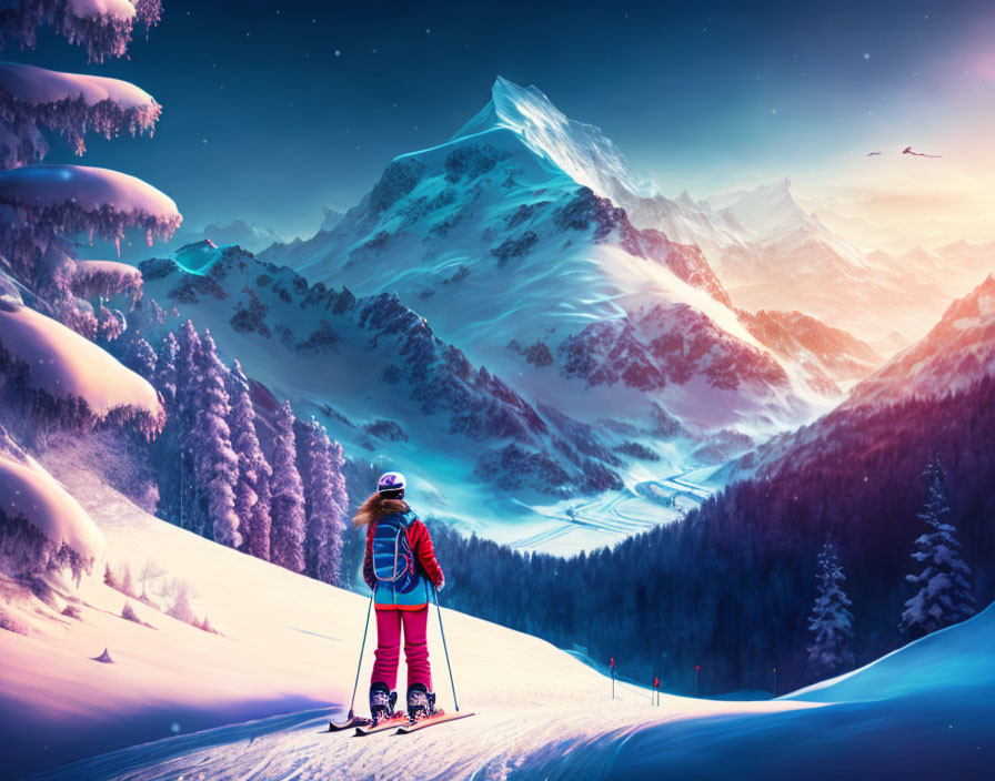 Skier gazes at twilight snowy mountain landscape in pink and blue hues