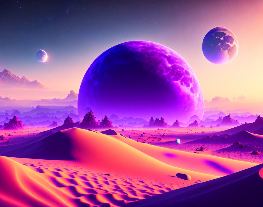 Colorful Sci-Fi Landscape with Dunes, Mountains, and Celestial Bodies