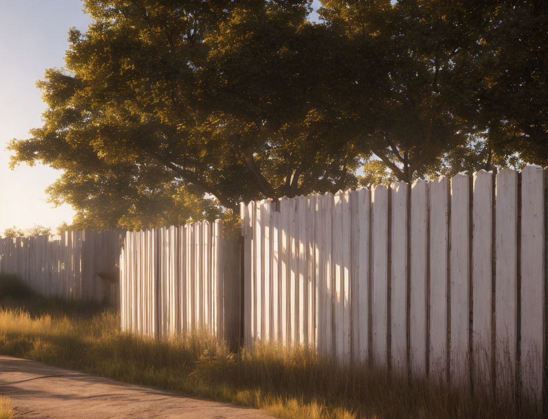 Sunlight casting shadows through white wooden fence onto grassy ground at dusk