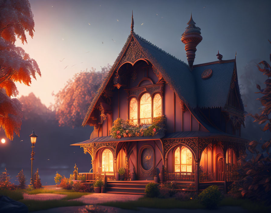 Victorian-style house with intricate woodwork in twilight setting.