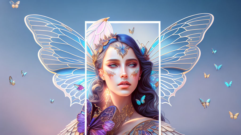 Fantasy illustration of woman with butterfly wings in serene blue setting