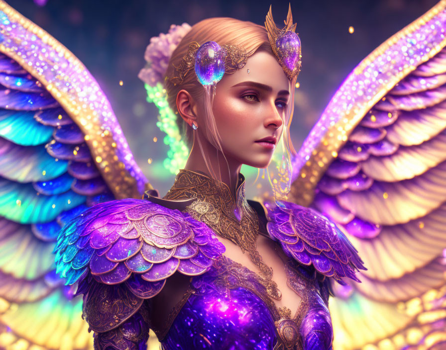 Fantasy digital artwork of female figure in ornate golden armor and iridescent wings