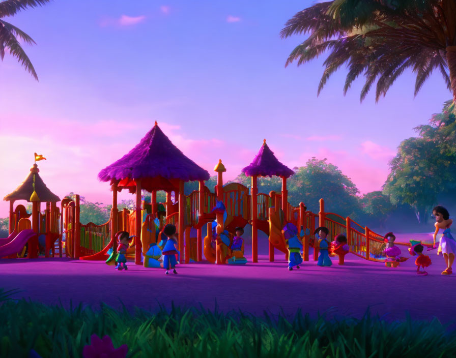 Vibrant animated playground scene with children, slides, swings, huts, palms, and purple