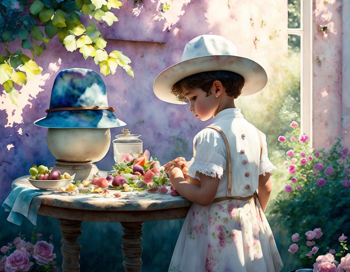 Child in white dress and hat explores fruit and flower-filled table in sunny garden.