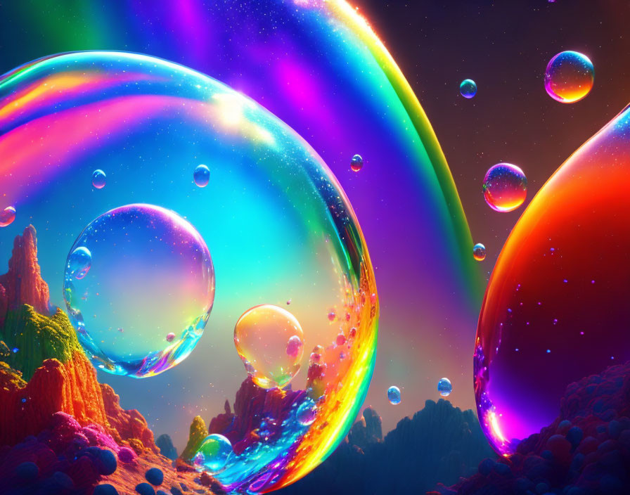 Colorful iridescent bubbles over alien rainbow landscape with rocks