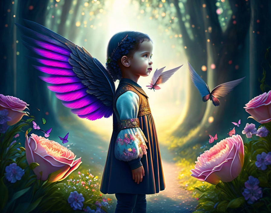 Illustration of child with purple wings in magical forest with butterflies