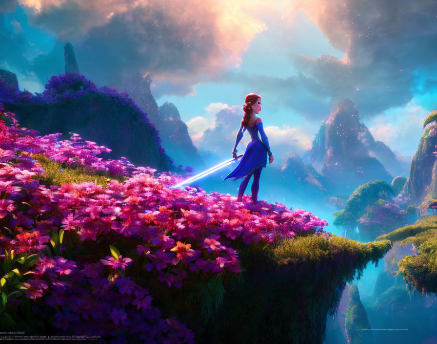 Fantasy landscape with female character, staff, pink flowers, misty mountains.