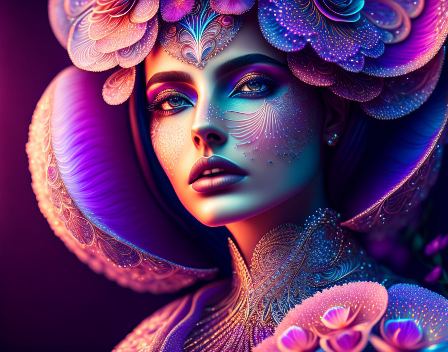 Colorful digital art featuring woman with purple floral headdress and fantasy makeup on purple backdrop