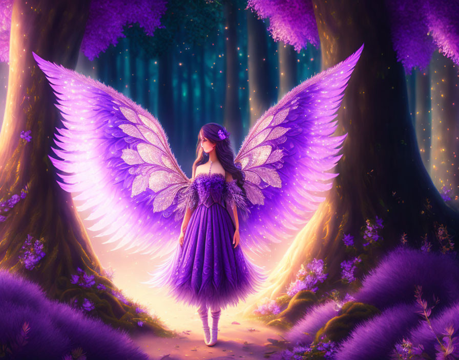 Winged figure in purple dress in enchanted forest with glowing lights