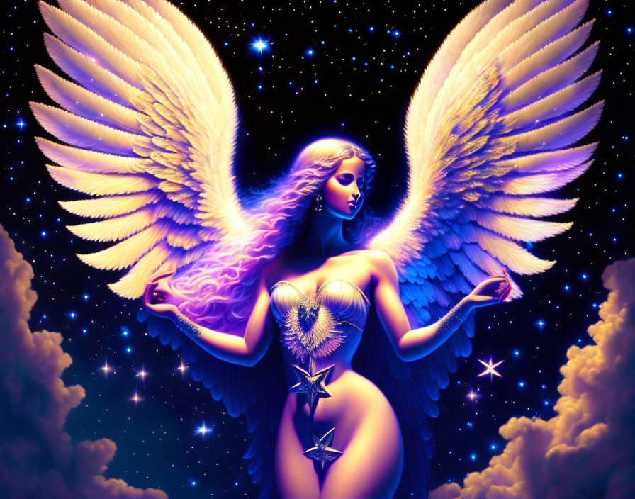 Digital artwork of angelic figure with large wings in mystical night scene