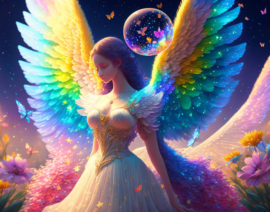 Colorful angel in flower field with universe bubble and butterflies