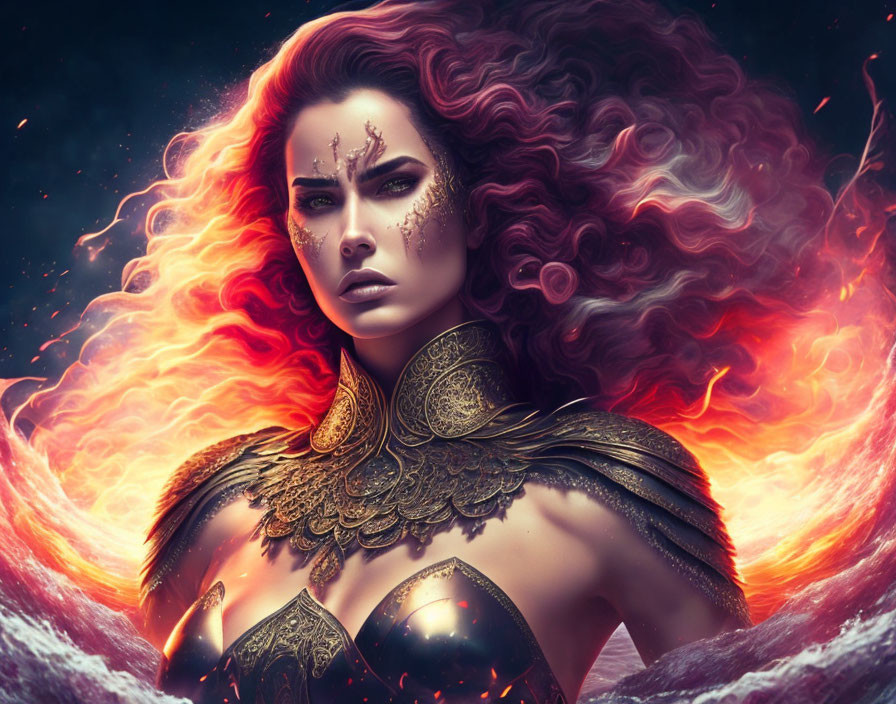 Fiery red-haired woman in golden armor before blazing inferno