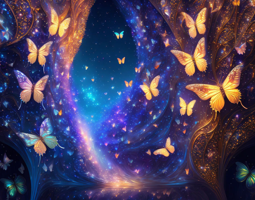 Golden butterflies in swirling cosmic scene with glowing tree-like structures