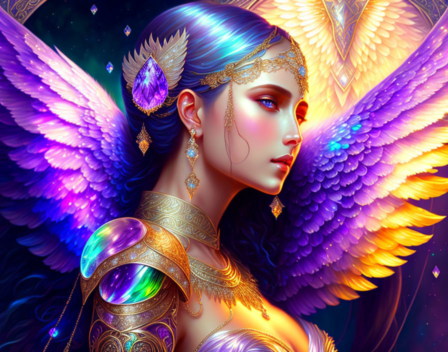Illustration of woman with angelic wings, golden armor, and blue headpiece