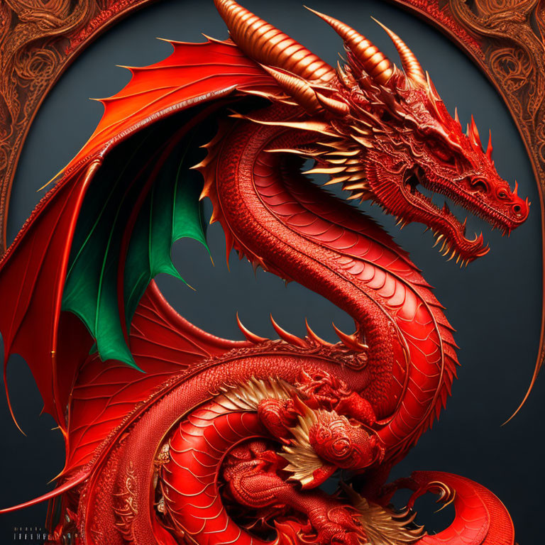 Majestic red dragon with green wings and sharp horns on dark background