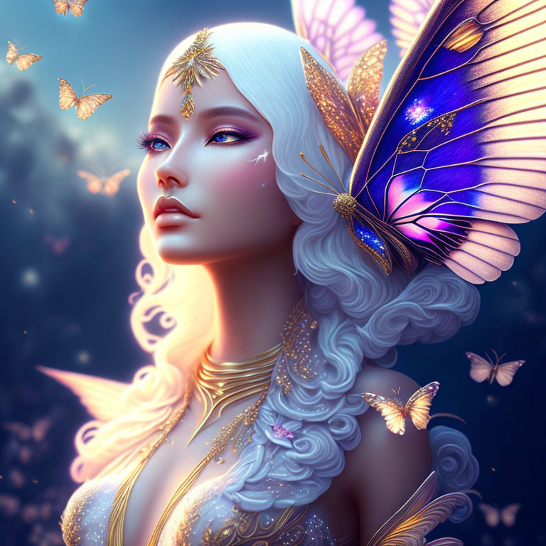 Fantasy illustration of woman with butterfly wings and golden accents amidst glowing butterflies at twilight