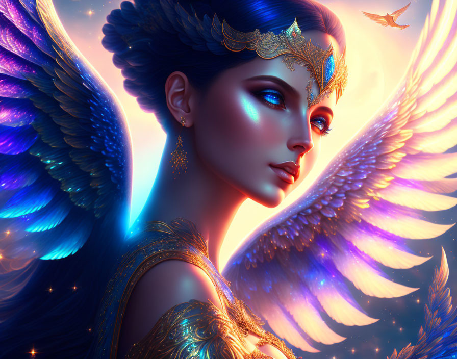 Vibrant illustration of woman with blue skin and golden headdress, majestic wings, ethereal backdrop