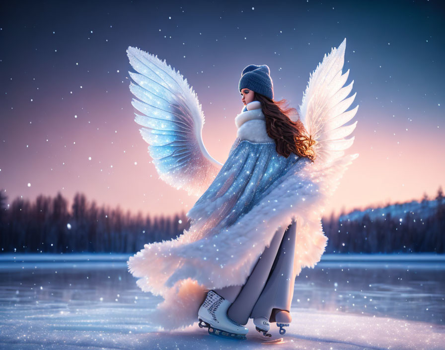 Angel wings woman ice skates on frozen lake under starry sky