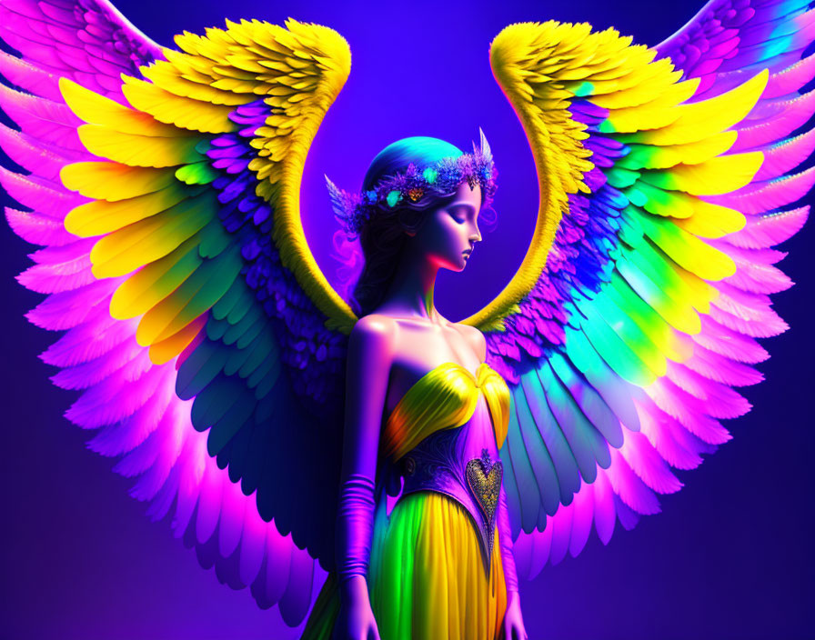 Colorful digital artwork: Woman with rainbow wings and dress on purple background