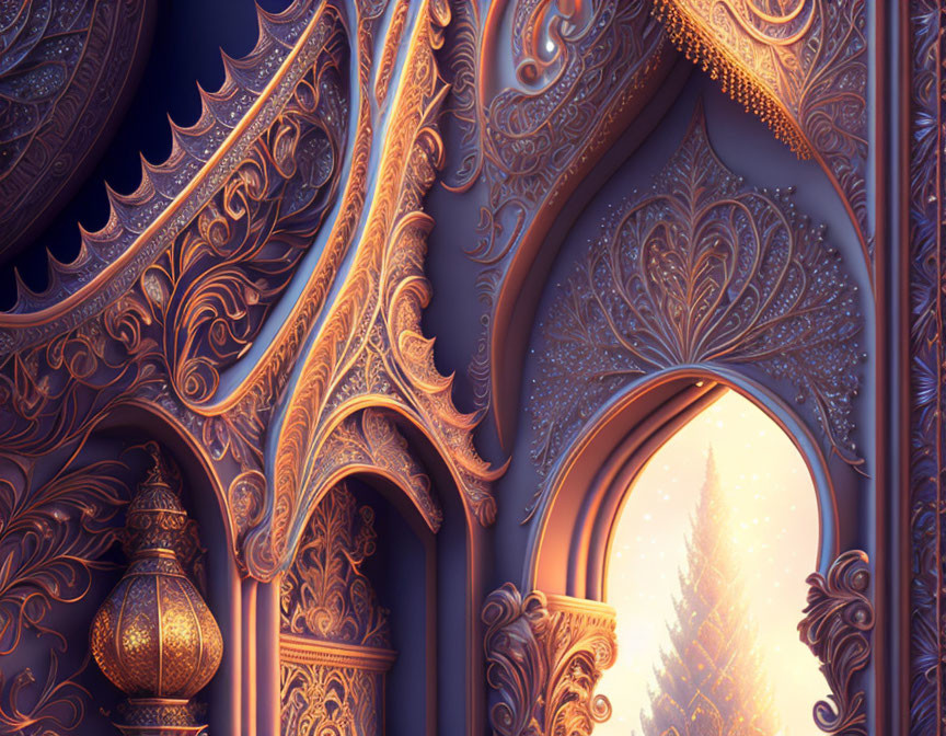 Bronze arches and lantern in soft sunrise or sunset light