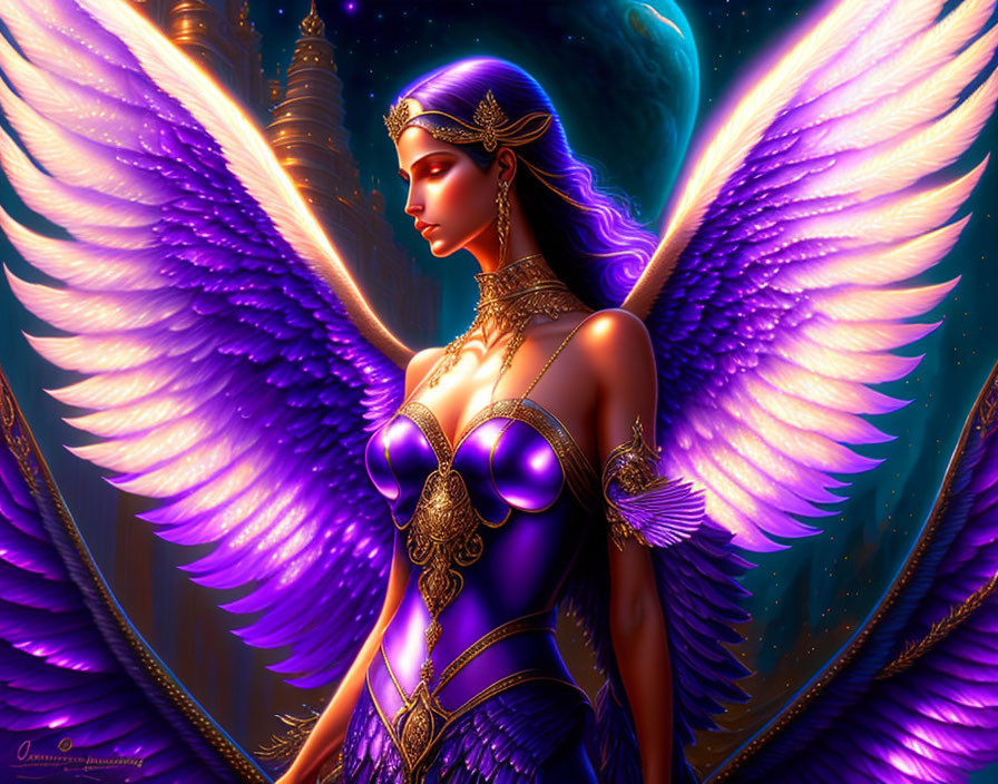Majestic winged female figure in purple and gold attire against cosmic backdrop