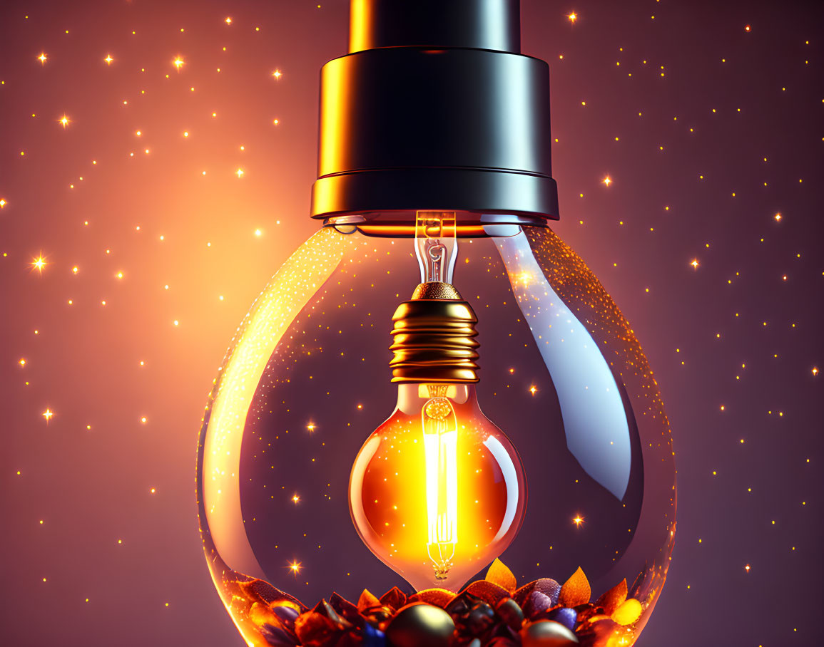 Glowing light bulb surrounded by magical dust and crystals on warm purple background