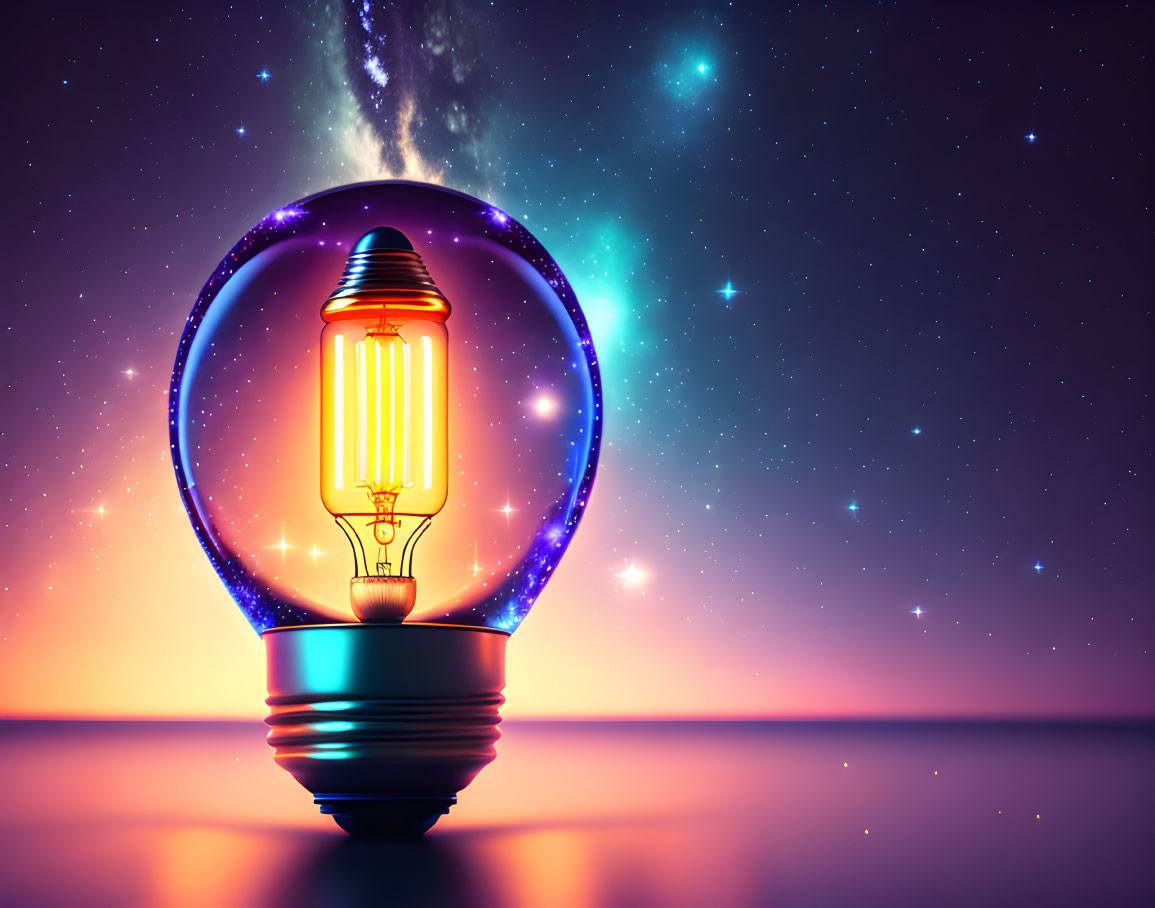 Luminous lightbulb with glowing filament against starry sky