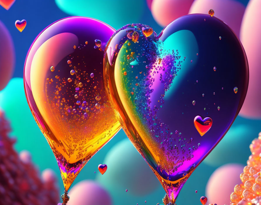 Glossy Purple and Orange Heart-Shaped Balloons with Floating Hearts on Bokeh Background