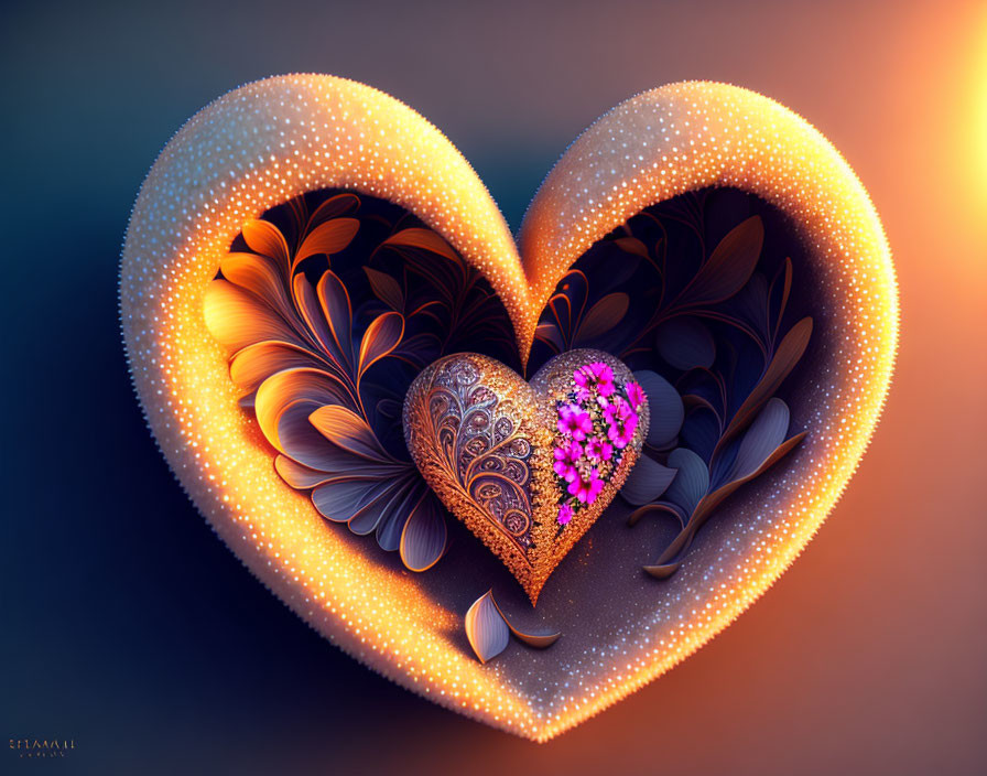 Glowing heart-shaped design with leaf patterns and purple flowers on dark background
