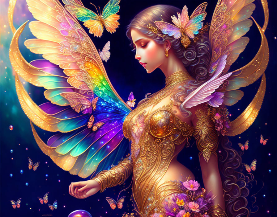 Ethereal female figure in golden armor with butterfly wings in mystical setting