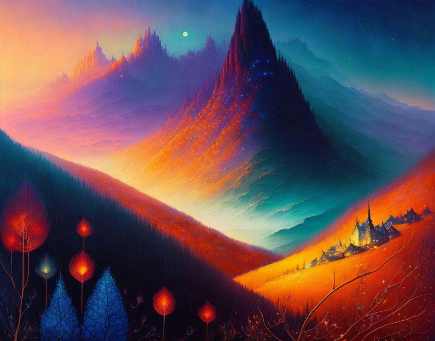 Mystical mountain landscape digital artwork with castle and starry sky