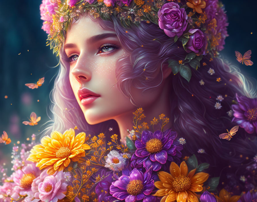 Detailed illustration: Woman with floral crown, colorful flowers, and butterflies in vibrant colors