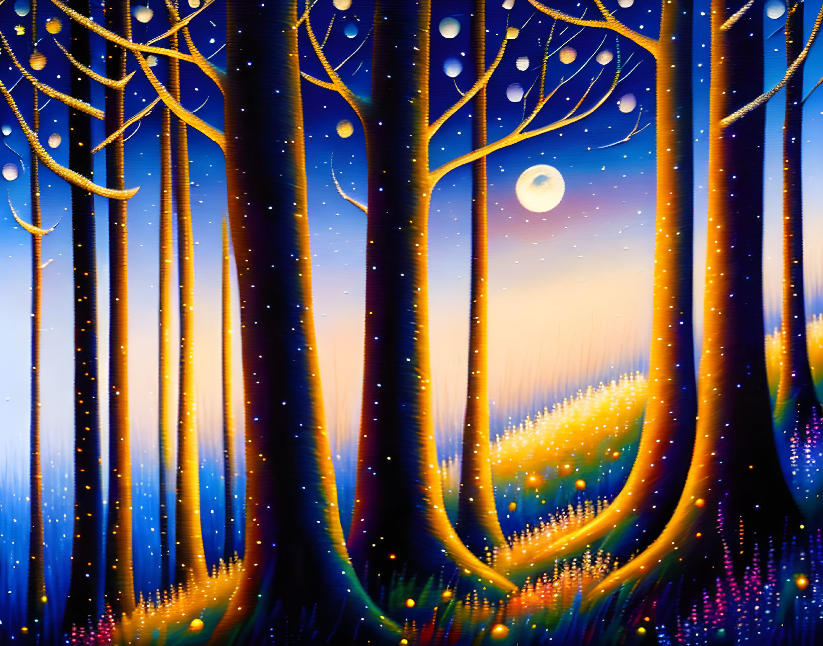 Vibrant painting: Magical forest at night with glowing trees, clear moon, luminous grass,