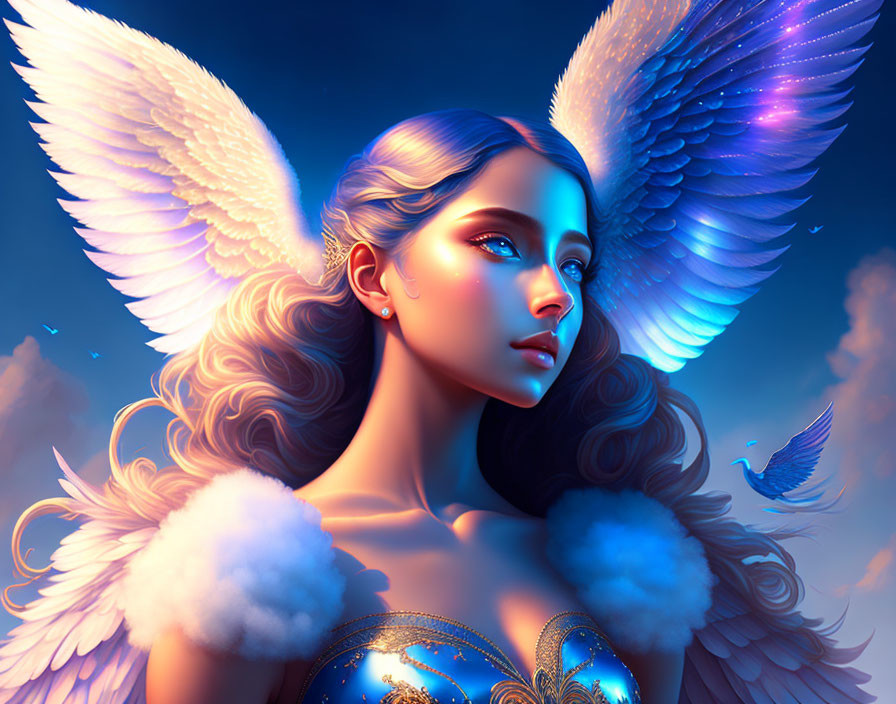 Digital artwork of female figure with large blue wings in vibrant sky.