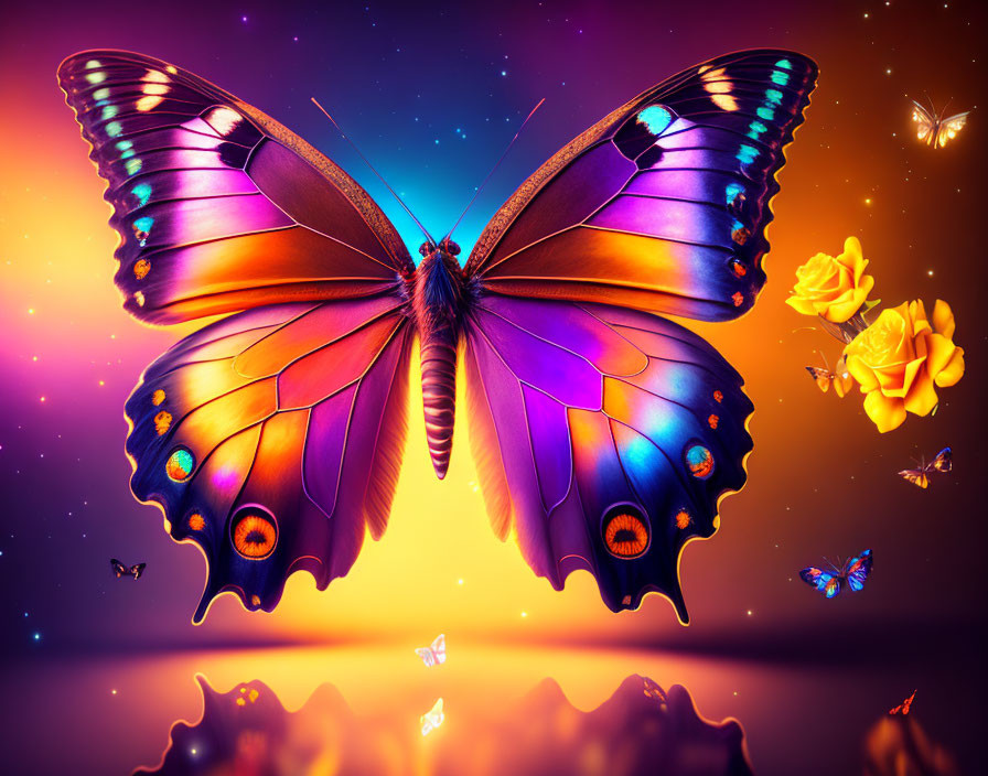Colorful Butterfly with Small Butterflies in Magical Scene