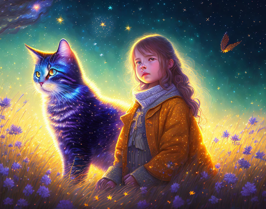 Young girl with cosmic-patterned cat in starlit field with butterfly