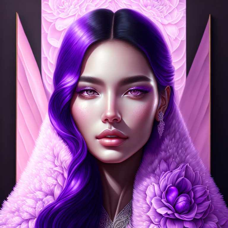 Violet-haired woman with crystal earrings and fur collar in digital portrait