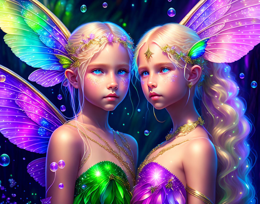 Ethereal animated fairies with luminescent wings in enchanted forest.