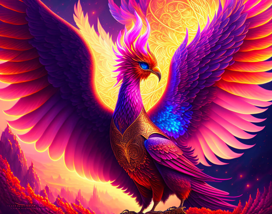 Colorful Phoenix Artwork with Fiery Feathers on Mandala Background