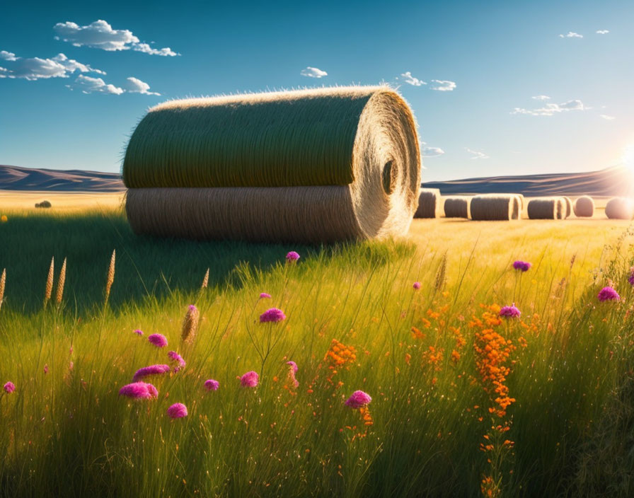 Scenic sunset landscape with hay bales and wildflowers