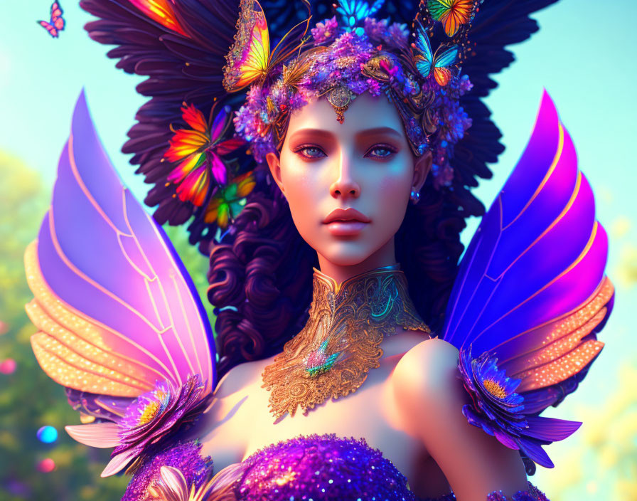 Fantasy Artwork: Female Figure with Butterfly Wings and Floral Headpiece