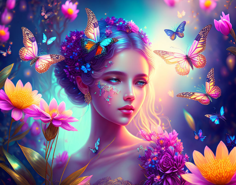 Colorful Digital Artwork: Woman with Florals & Butterflies