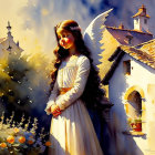 Angelic figure with white wings in sunlit garden