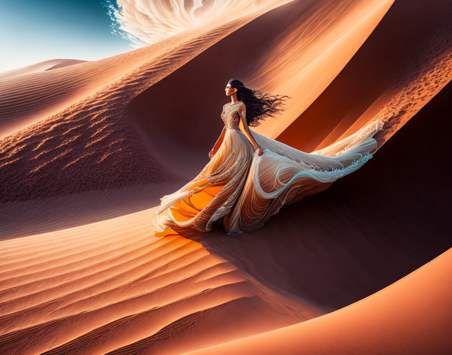 Woman in flowing dress on sand dune with billowing garment against desert backdrop