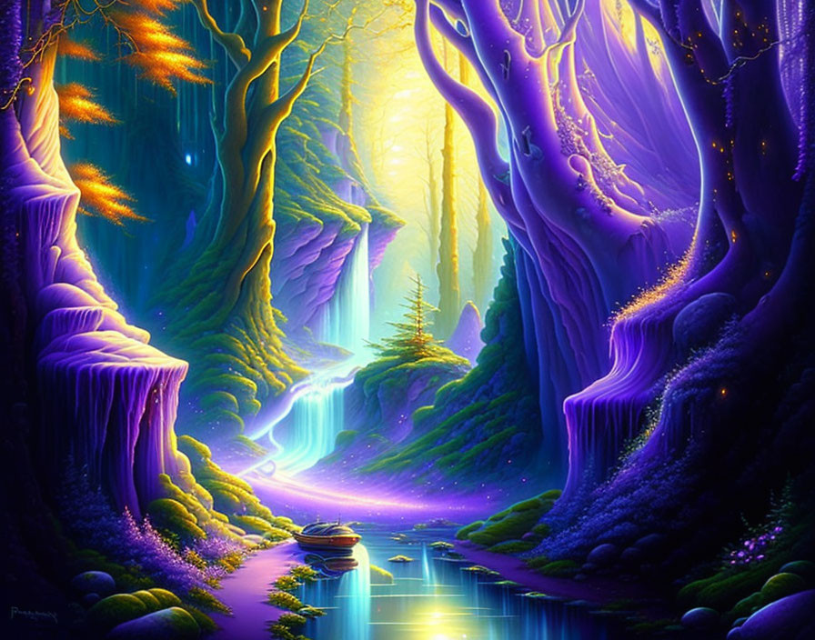 Luminous Purple Trees and Glowing Blue River in Mystical Fantasy Landscape