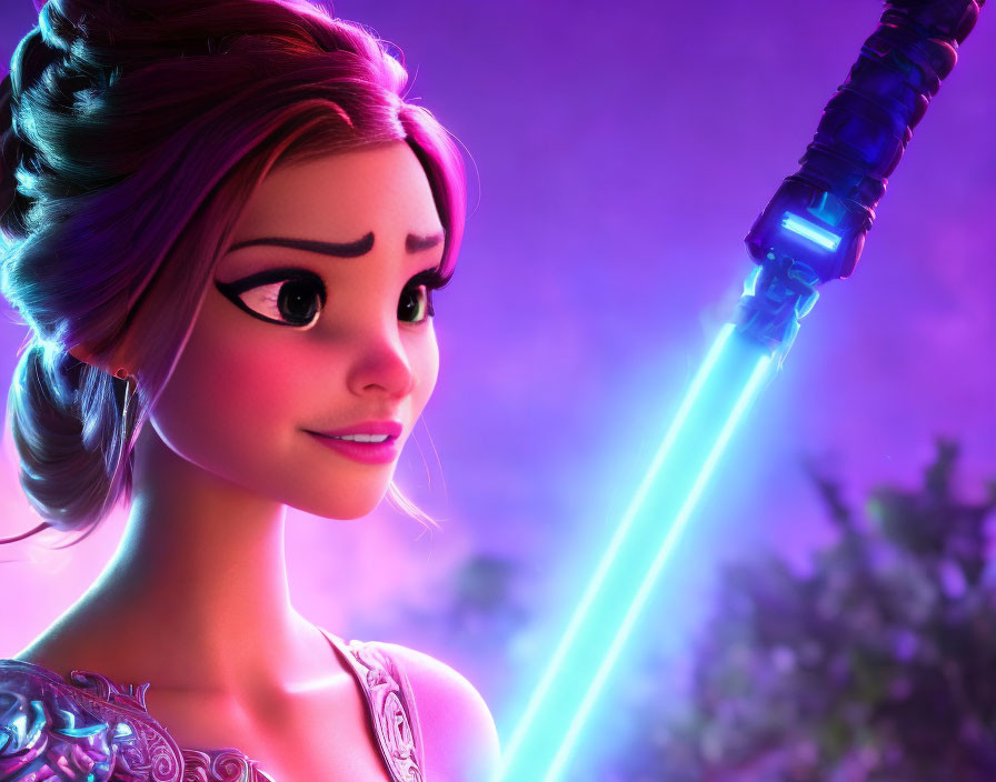 Female character with braid wields blue lightsaber on purple background