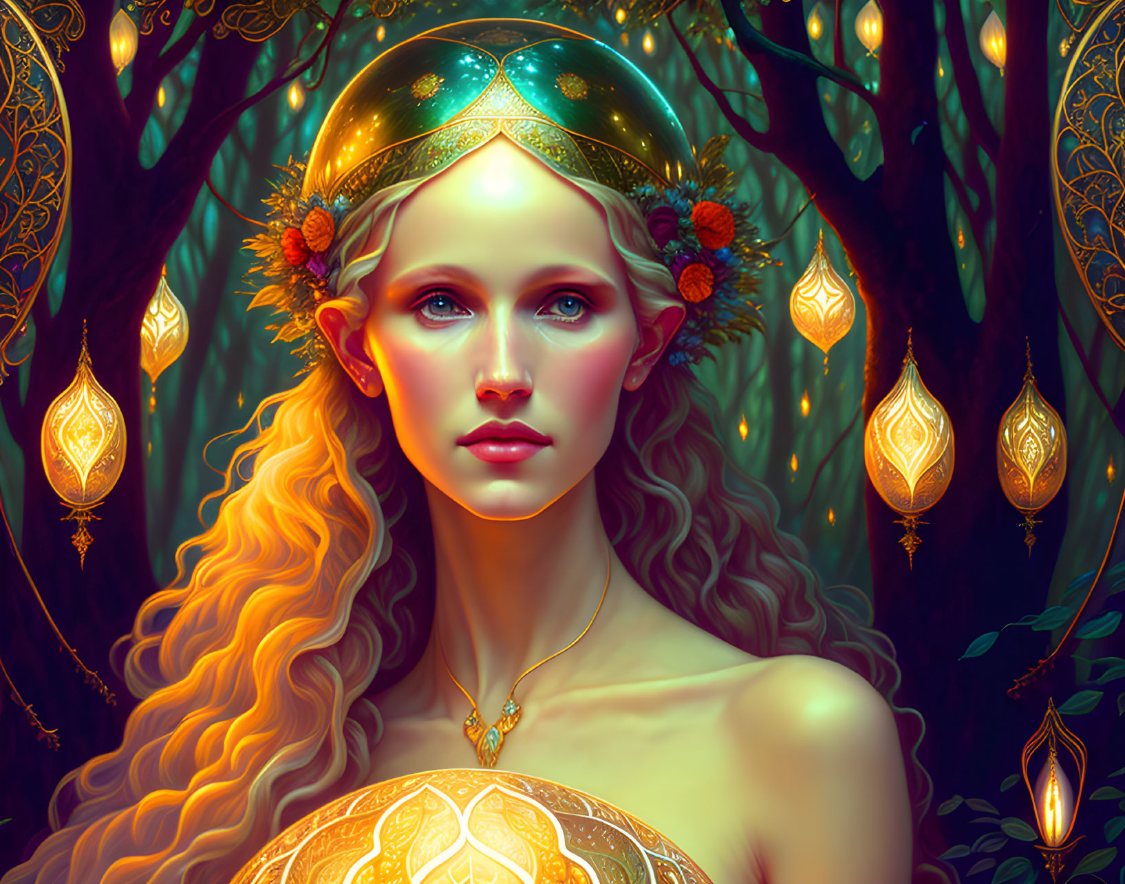 Ethereal woman with golden circlet in enchanted forest surrounded by autumn leaves and glowing lanterns