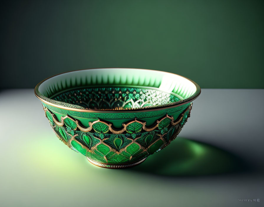 Intricate Green Bowl with Gold Trim on Gradient Background